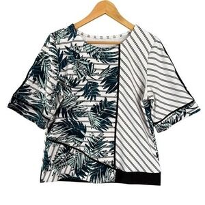 TAIL 3/4 Sleeve Tropical Floral Striped Top‎ Womens Size Large White Green Black